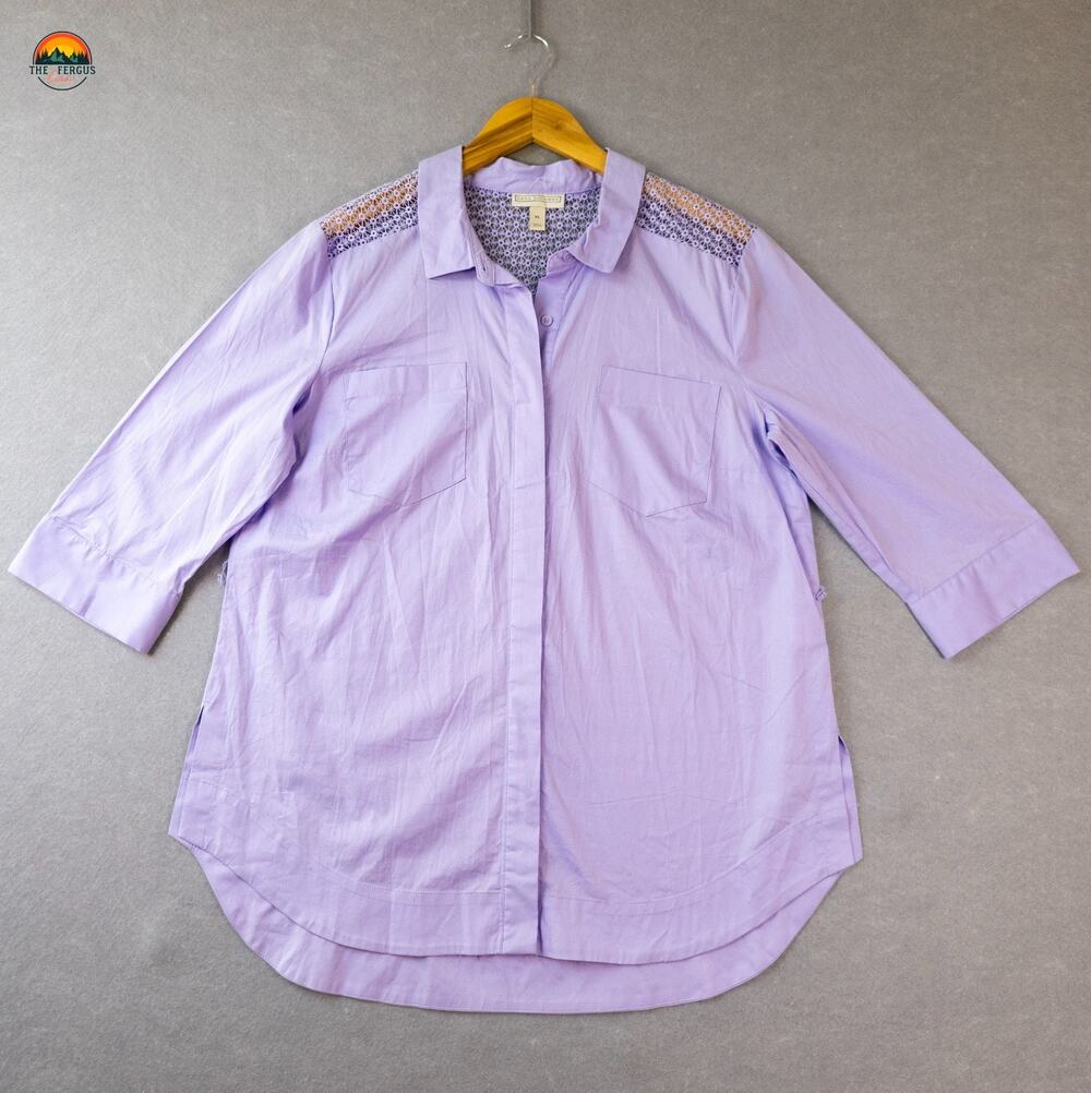 Dana Buchman Button-Down Tunic Top Purple Cotton Blend 3/4 Sleeve Women's XL